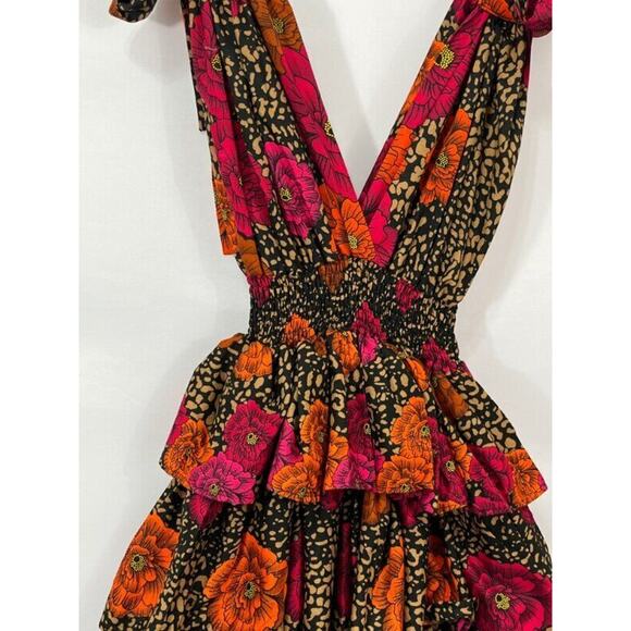 ELISAMAMA Sz S Small One Midi Dress Fuchsia Orange Black Floral Tiered Ruffle - Picture 8 of 11